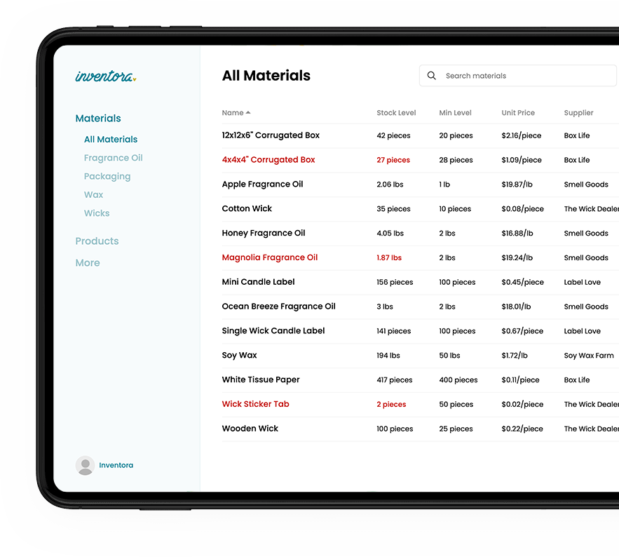 Inventora inventory tracking screenshot